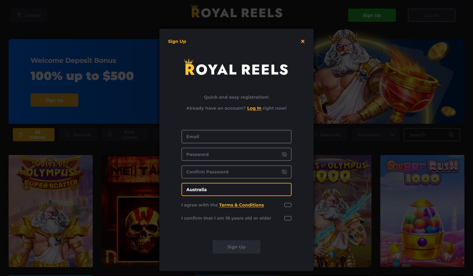 royal reels - sign up